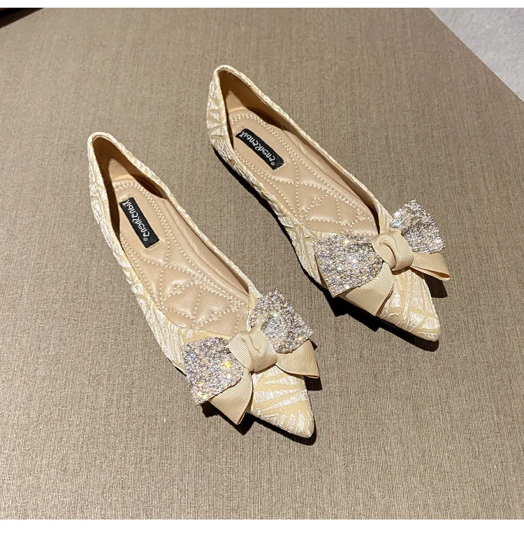 

Женские туфли с бантом и острым носком Стразы, вечерние туфли на плоской подошве, женская обувь на мягкой подошве, большие размеры 43, женская...