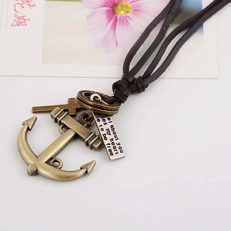 Модное винтажное ожерелье для мужчин и женщин с подвеской крест якорь кожаный