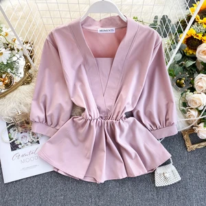 Рубашка женская на веснуосень, однотонная, с V-образным вырезом и оборками, ML673