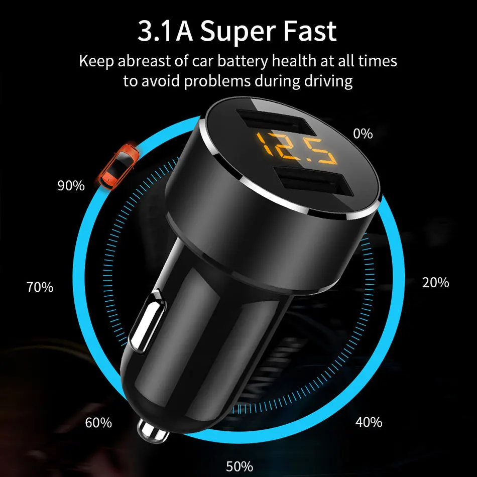 ROMAN 3.1A 5V Dual USB Автомобильное зарядное устройство с светодиодный дисплей универсальное автомобильное зарядное устройство для телефона Xiaomi samsung S8 iPhone X 8 Plus планшет и т. Д