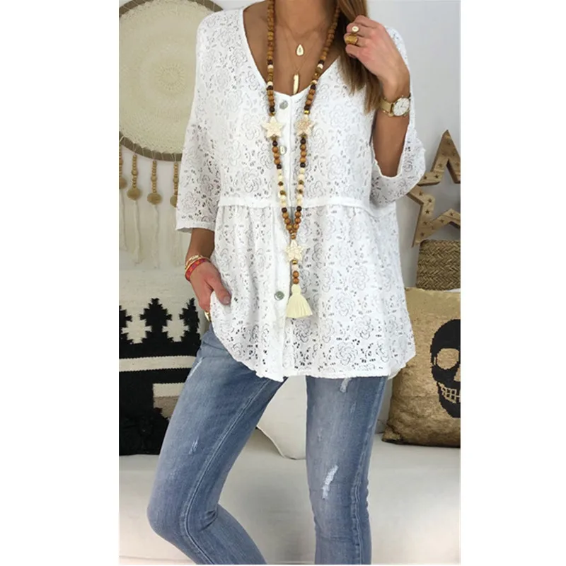 Женская кружевная блузка большого размера Однотонная рубашка с круглым вырезом