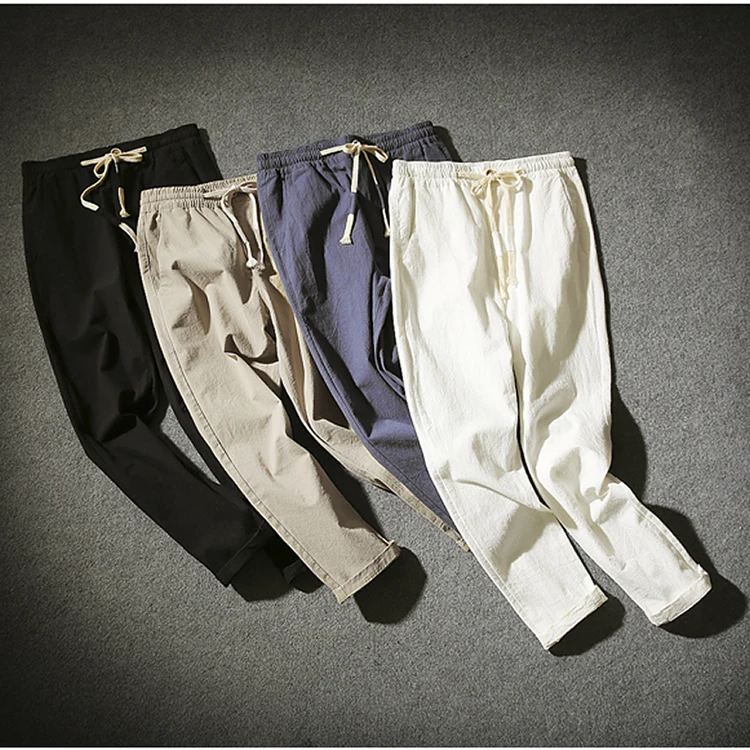 

Men's Summer Casual Ankle-Length Pants Natural Cotton Linen Trousers Solid Linen Elastic Waist Straight Pants Plus siz 5XL