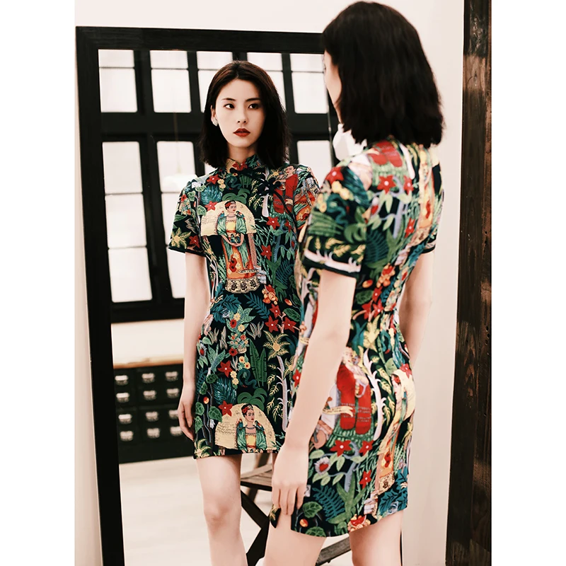 Женское шелковое платье cheongsam с коротким рукавом, Ретро стиль, воротник-стойка, платье cheongsam, цветочный принт, qipao, улучшенное китайское платье