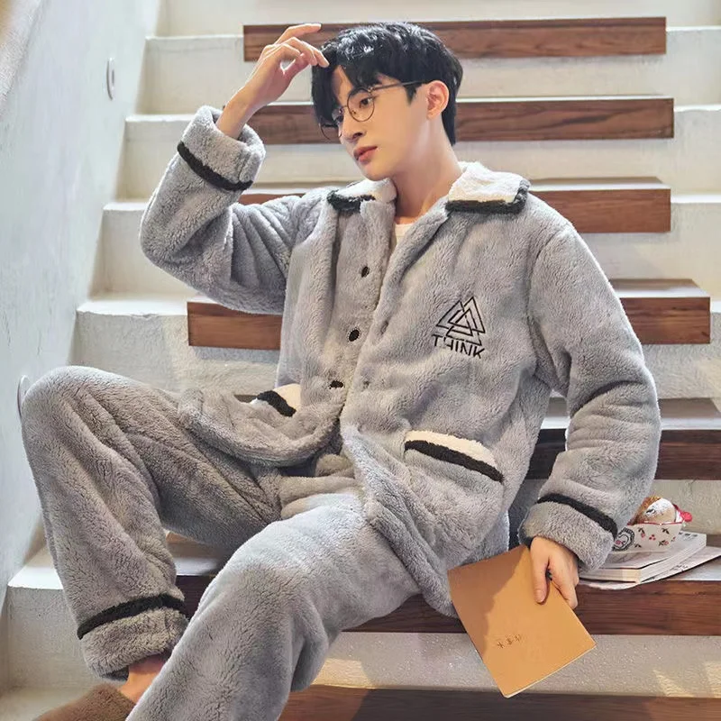 Winter Men's Pajamas Set Coral VelveThicken Warm Flannel 2 Pieces/Sets Pyjamas Long Sleeve Homewear Home Clothing