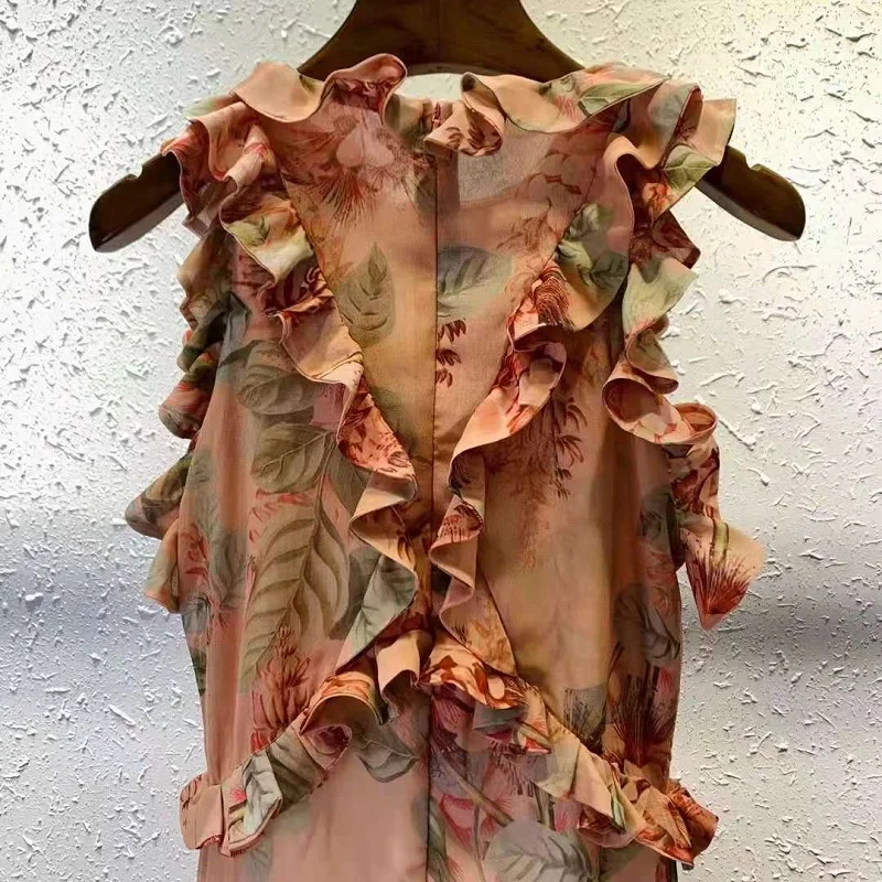 

Bohemian Dress 2021 Summer High Quality Clothes Women Charming Floral Print Ruffle Deco Sleeveless Casual Beach Dress Sun Ladies