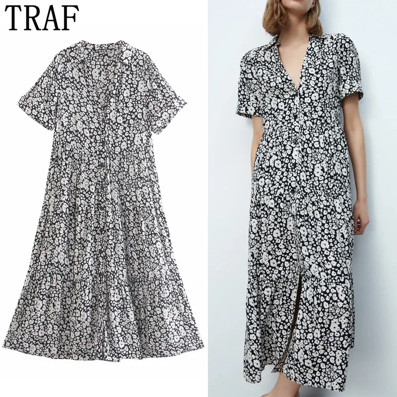 

Dress Woman Za 2021 Black Print Long Dress Women Short Sleeve Midi Summer Dresses Ladies Ruched Ruffle Casual Dresses