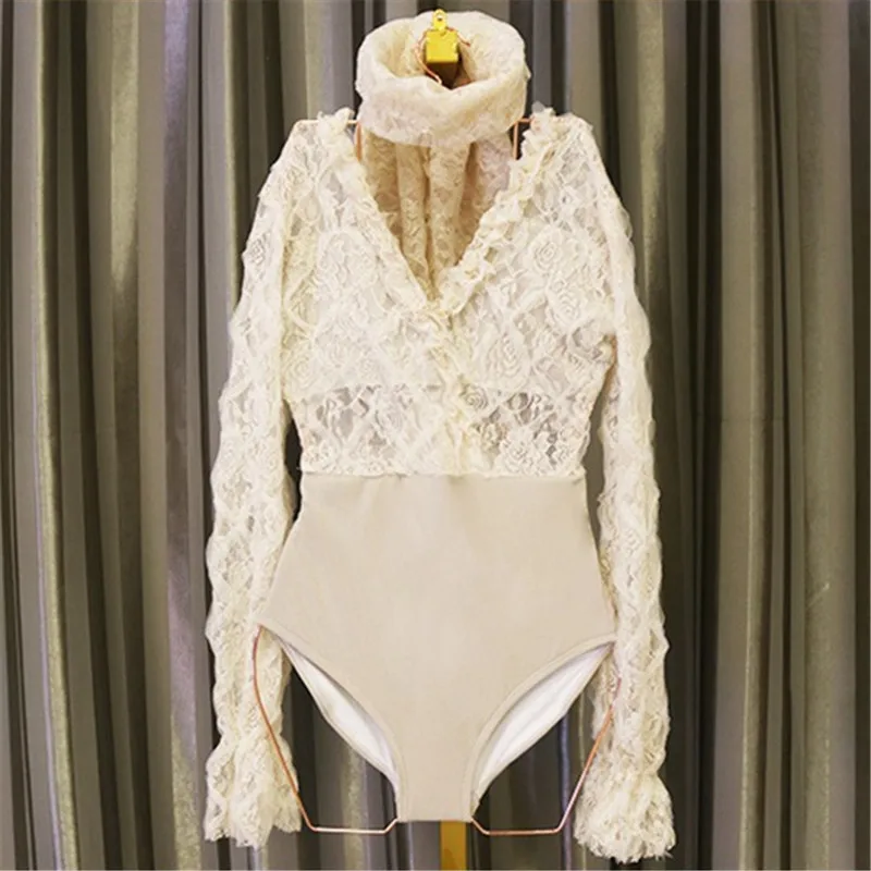 Korea One Piece Swimsuit 2020 Long Sleeve Deep V Backless Lace Swimwear Women Bodysuits Vintage Retro Bathing Suits Beach Wear | Спорт и