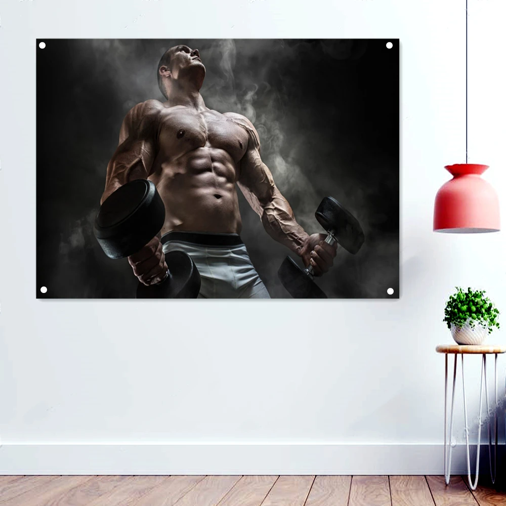 

Muscular Macho Holding Dumbbells Wallpaper Wall Background Painting Strong Man Workout Poster Banners Flags Tapestry Gym Decor