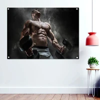 muscular macho holding dumbbells wallpaper wall background painting strong man workout poster banners flags tapestry gym decor