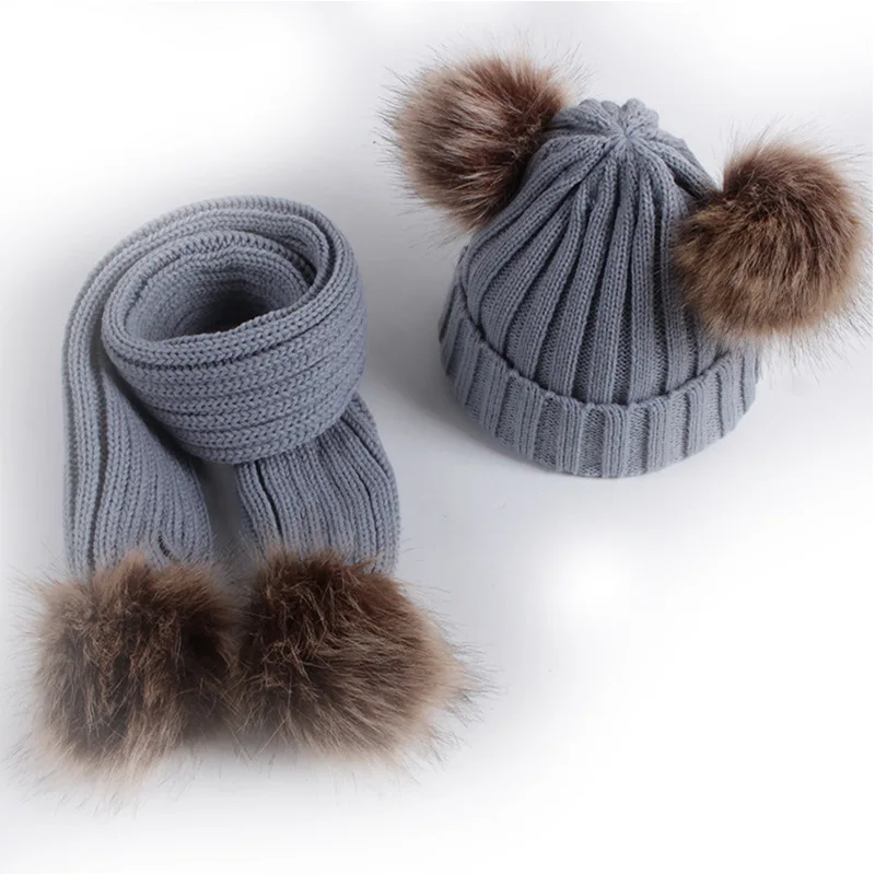 

Winter Hats Ears Girls Boys Cap and Scarf Kids Set Baby Keep Warm Children Knit Wool Fur Double Hat Knitted Cute Cap Scarf Set