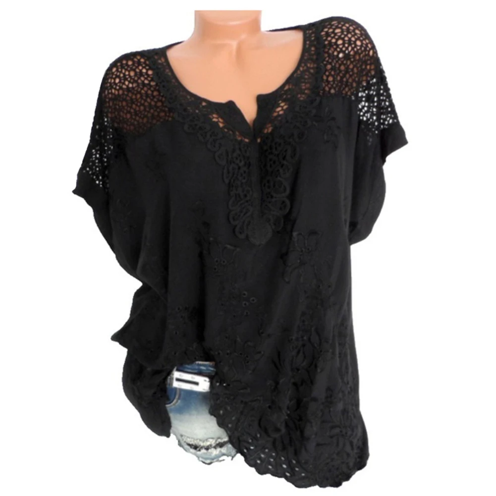 woman shirt 2020 V Neck Short Batwing Sleeve Blouse Floral Embroidery Hollow out shirt женские футболки vetement ete femme