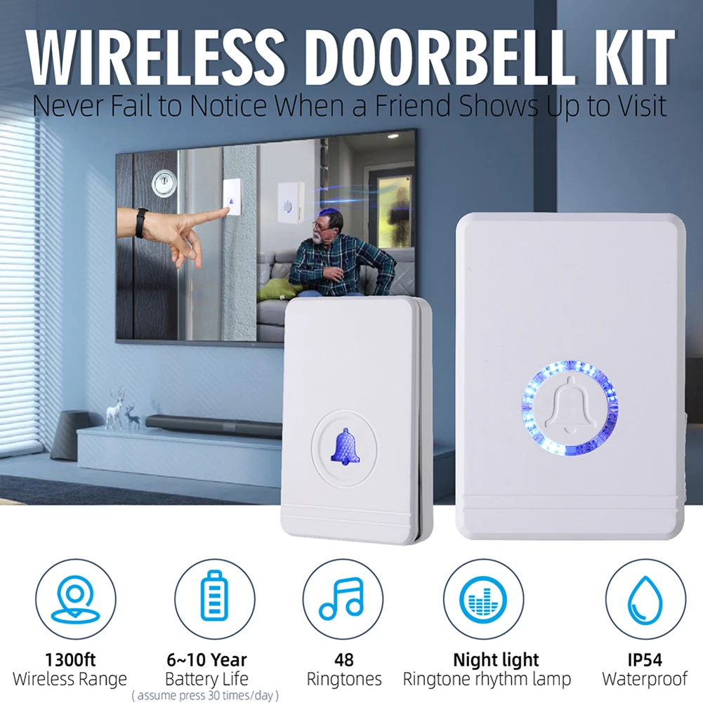 

New Smart Wireless Doorbell Welcome Doorbell Smart Chimes Alarm LED Light 48 Songs Waterproof US Plug Button Remote Doorbell