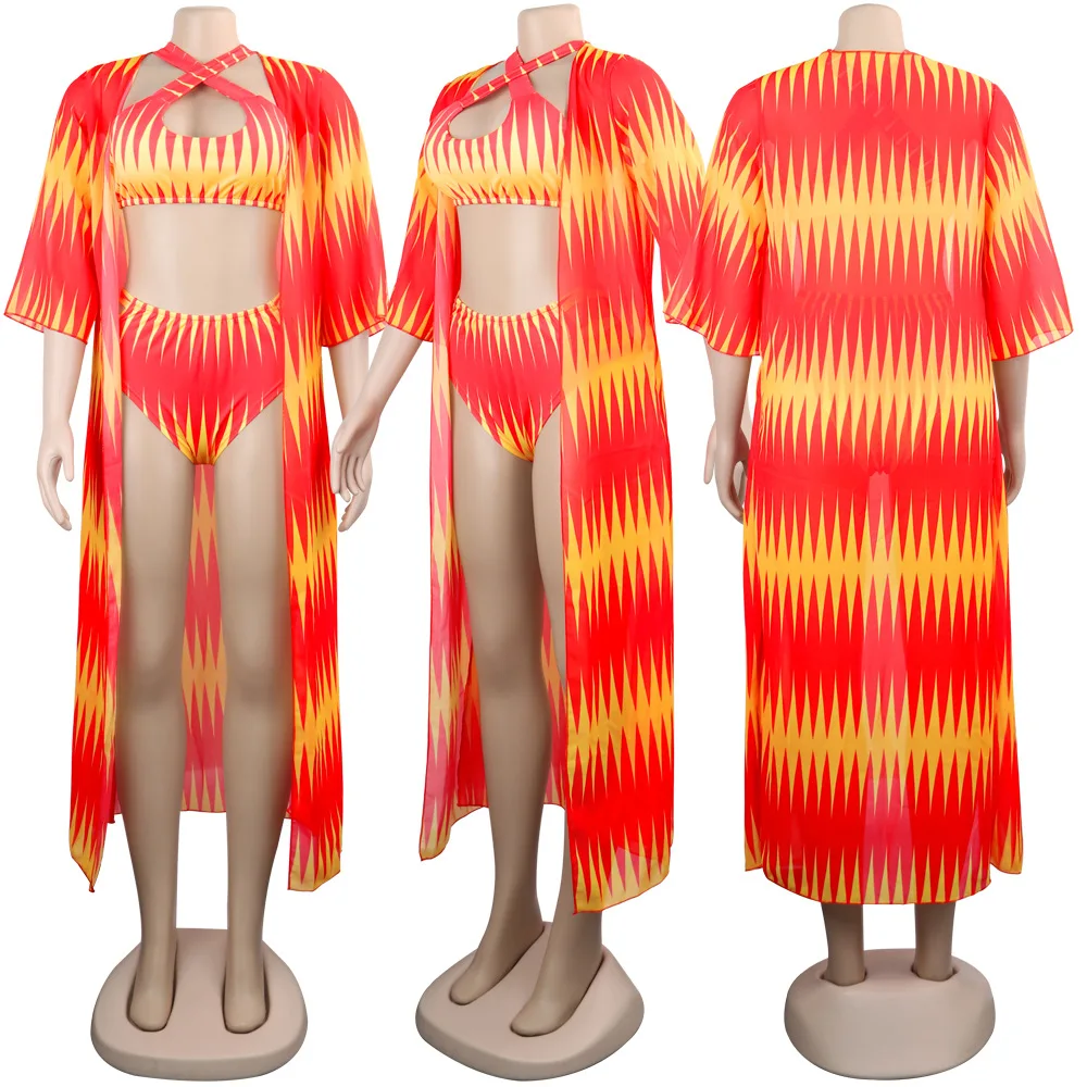 Summer Women Bikinis Swimwear Three Piece Sets Cover Up Cloak Beach Printed Sexy Bathing Swimsuits