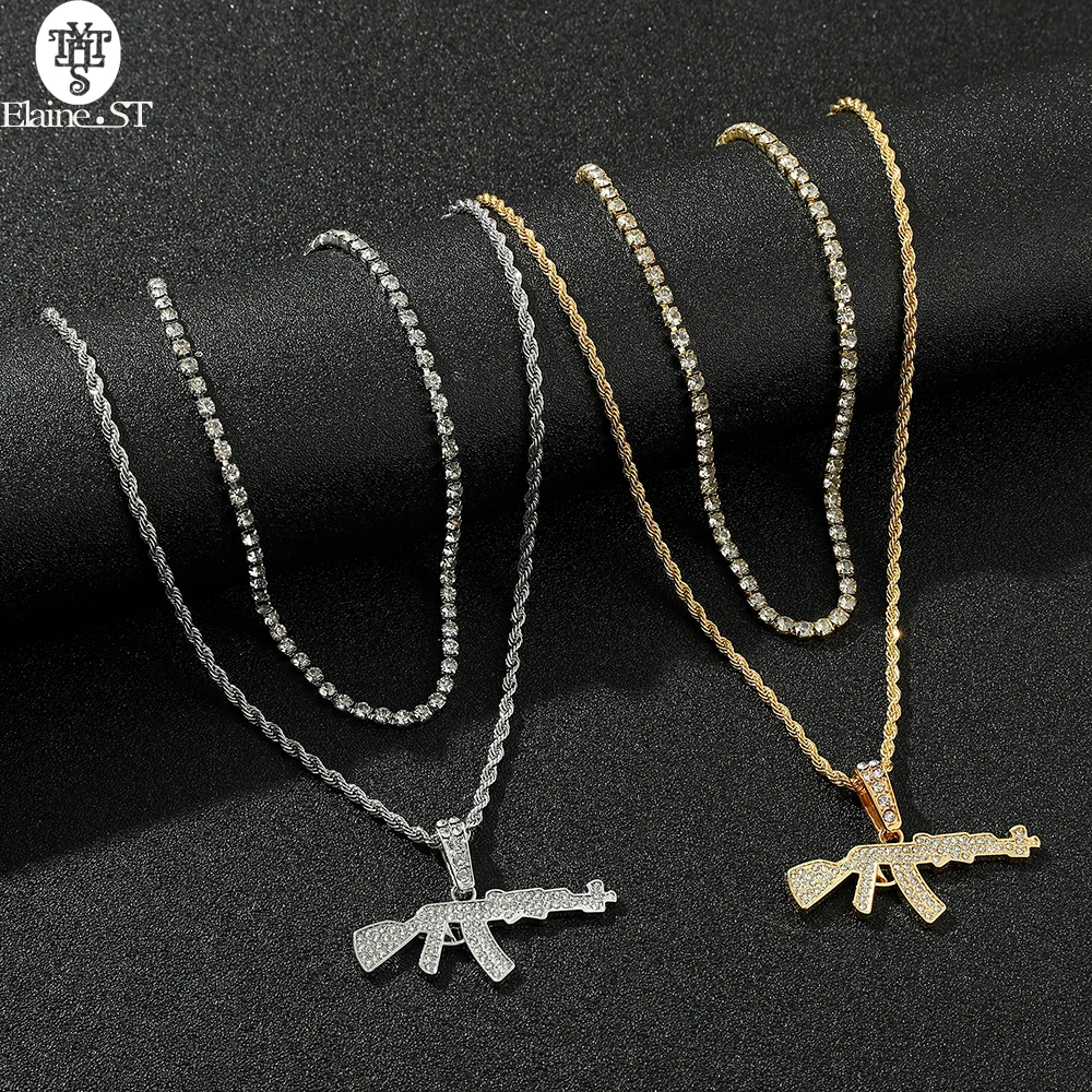 

Wholesale 10 Pieces Hip Hop Double Crystal Machine Gun Pendant Necklace For Women's Fashion Jewelry Punk Chain PartyJewelry Gife