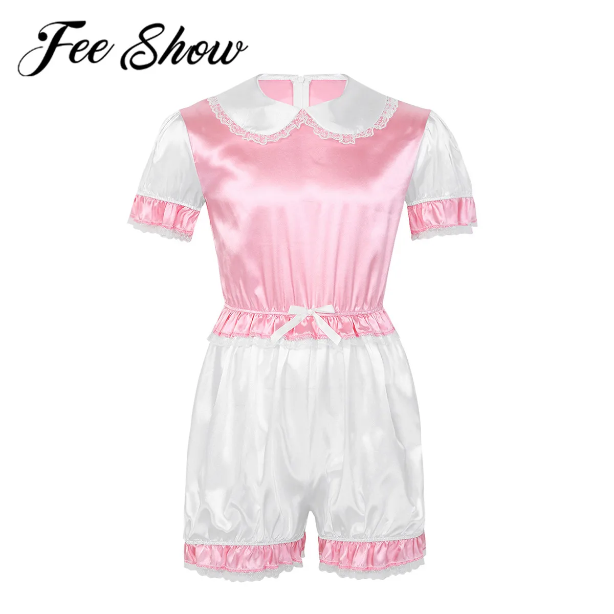 Гей Для мужчин Трусики комбинезон Шелковистое атласное с воротником в кукольном