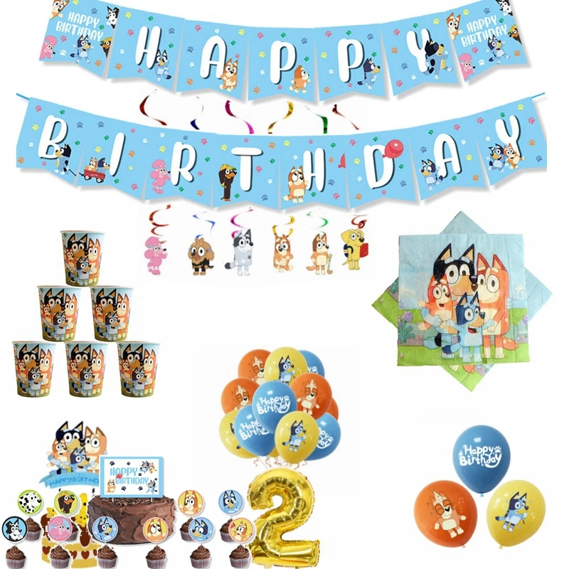 Голубой щенок детский день рождения Семья праздничный комплект бумажный