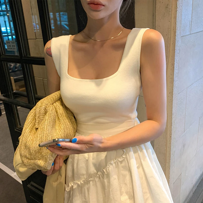 

AOSSVIAO 2022 Forefair Tank Tops Sexy Crop Vest Solid Harajuku Korean Female Off Shoulder Knitted Black White Summer Women Tops