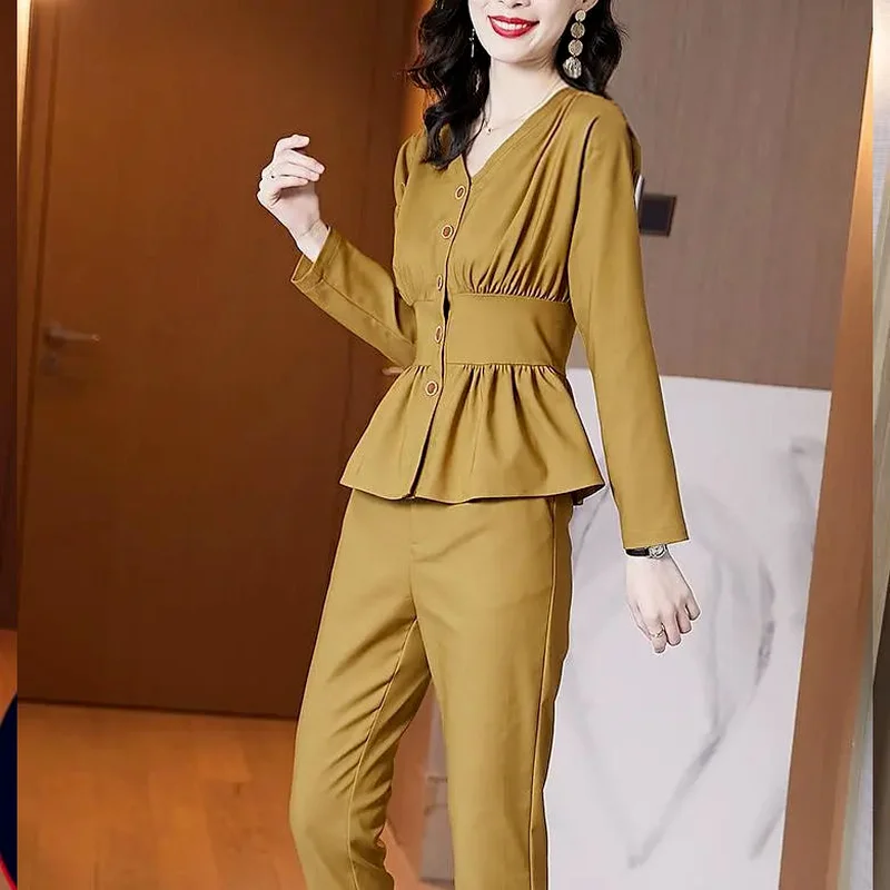 

Spring Women Clothing 2021 Fashion Casual Single-breasted Blouse Pants Suits Solid All-match Two-piece Suit Womens Outfits Y787