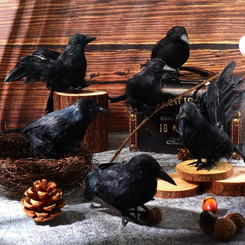 

F2TE 6 Pcs Halloween Crow Realistic Black Feathered Crafts Ornaments Festival Party Raven Props Outdoor Indoor Decoration