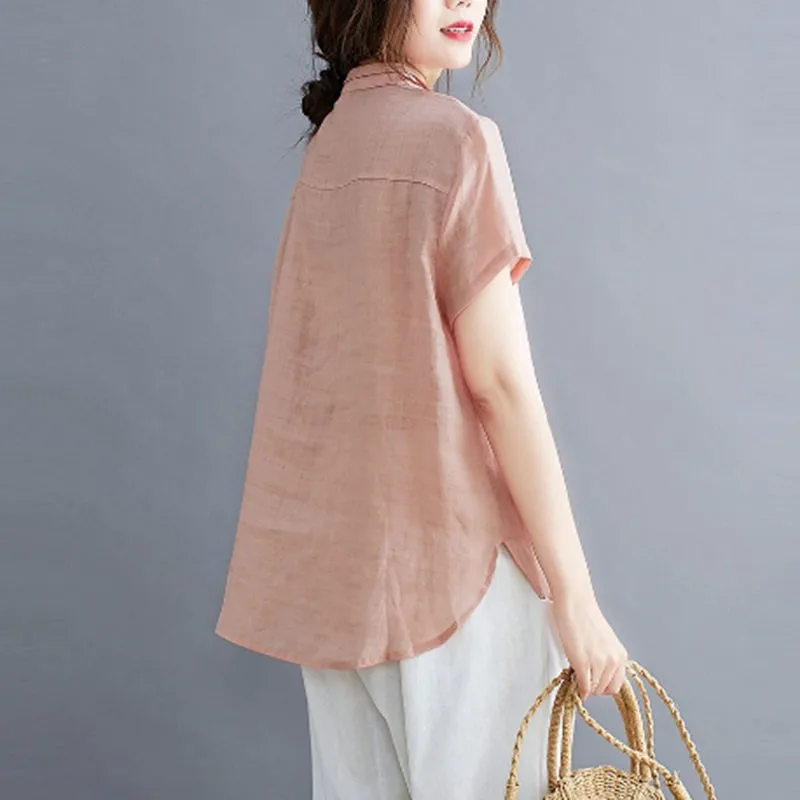 

Women Cotton Linen Casual T-shirts New Arrival 2021 Summer Simple Style Vintage Embroidery V-neck Loose Female Tops Tees S2933