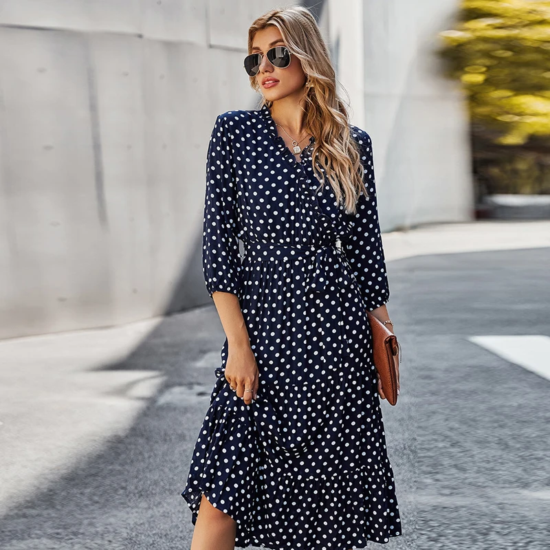 

Fashion Polka Dot Dress Women Belted Beach Dresses For Women Summer Spring V Neck Long Sleeve Office Sundress Clothes Plus Size