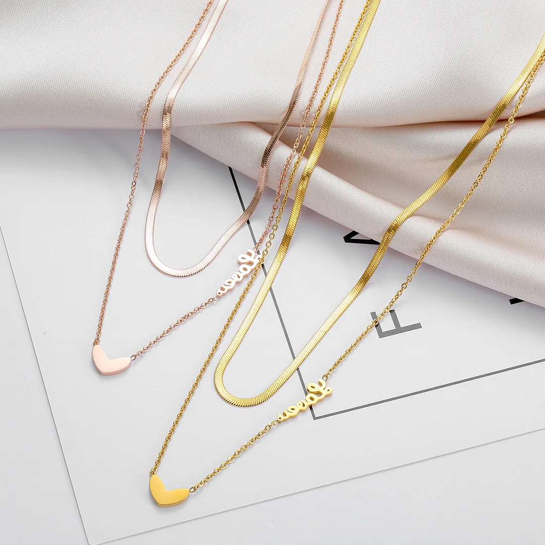 

Double Heart Shaped Titanium Steel Necklace European and American Style Snake Bone Chain Sweater Chain Women's Necklace