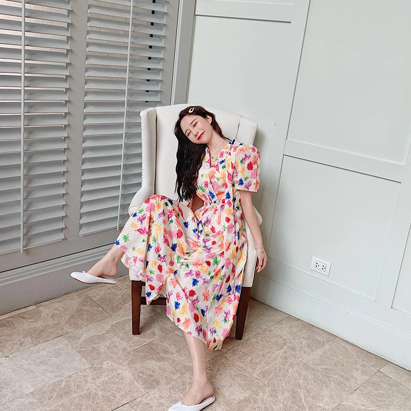 

VICONE new spring taste floral dress long split holiday Dress