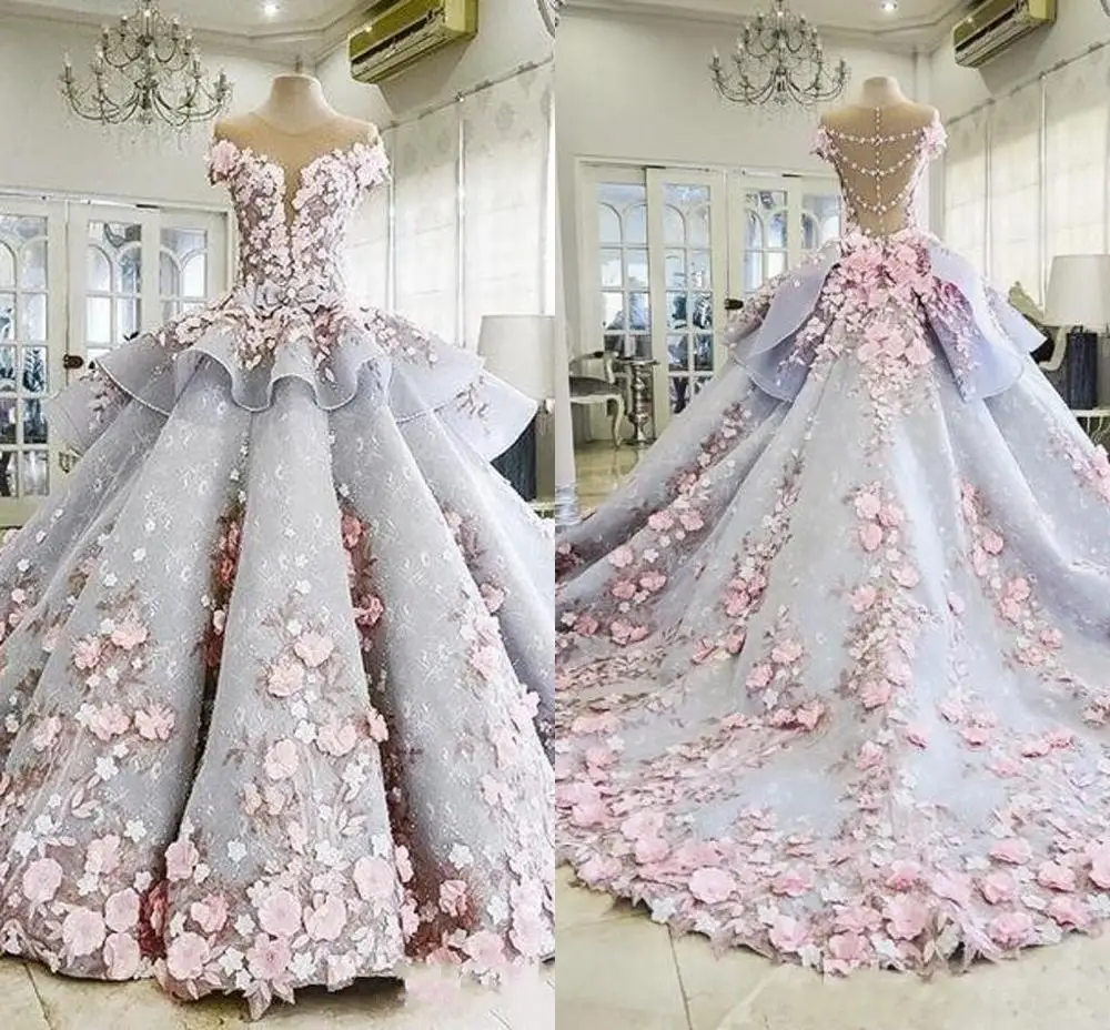 

Luxury Quinceanera Ball Gown Dresses 3D Floral Lace Applique Cap Sleeves Sweet 16 Floor Length Sheer Back Puffy Party Prom Gown