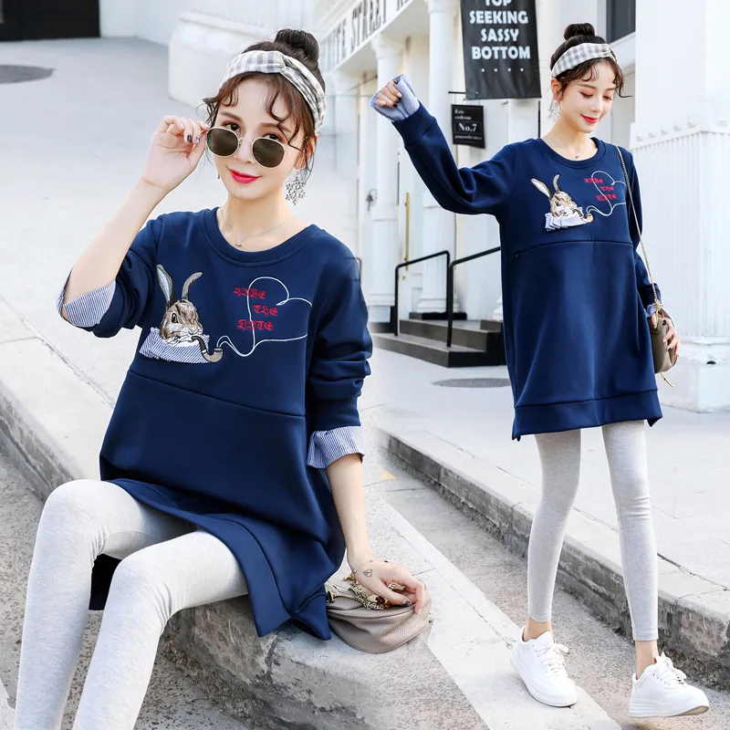 Свитер средней длины для беременных топы с рисунком кролика зимняя одежда