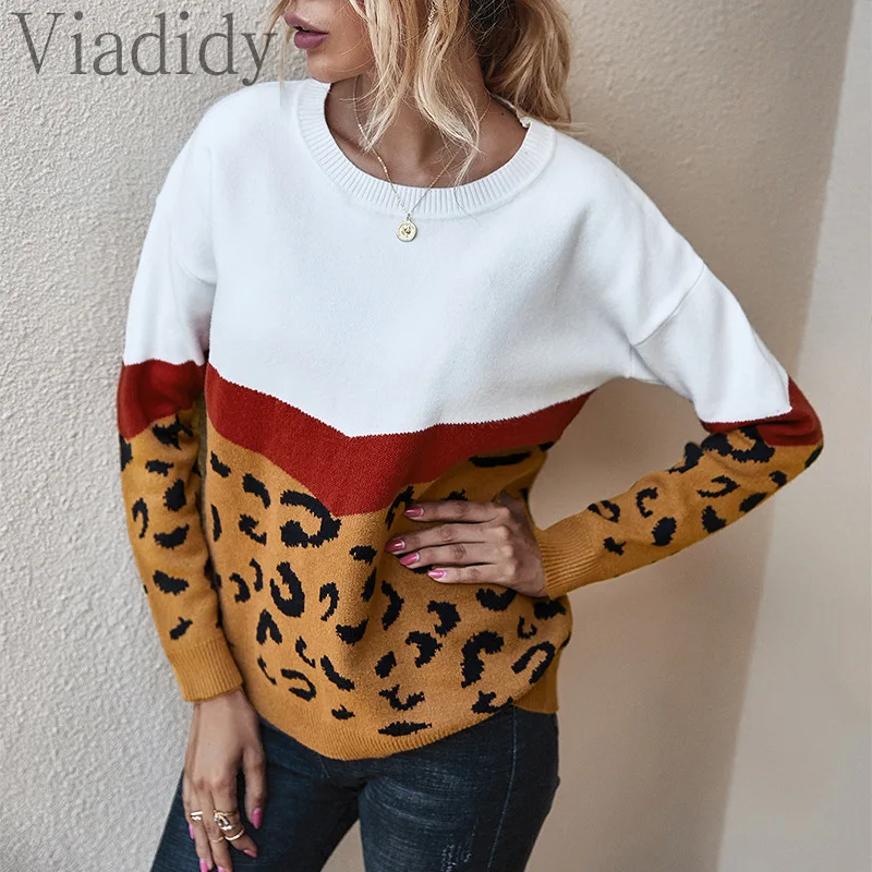 

Women Casual Round Neck Long Sleeve Leopard Print Color Block Sweater