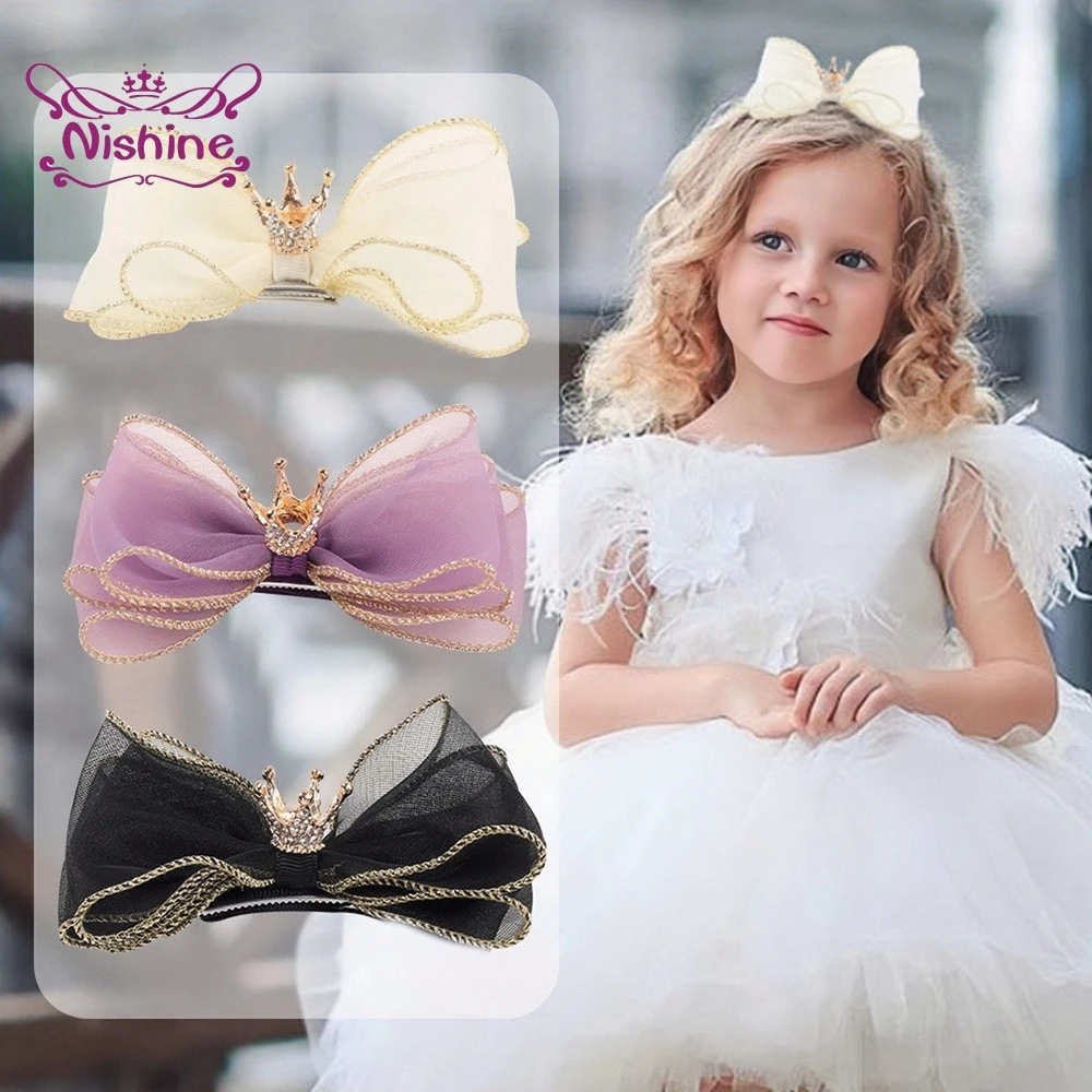 

Трехслойные зажимы для волос Nishine из органзы ручной работы с бантом для младенцев блестящая корона банты детская заколка для волос украшение для одежды детский подарок