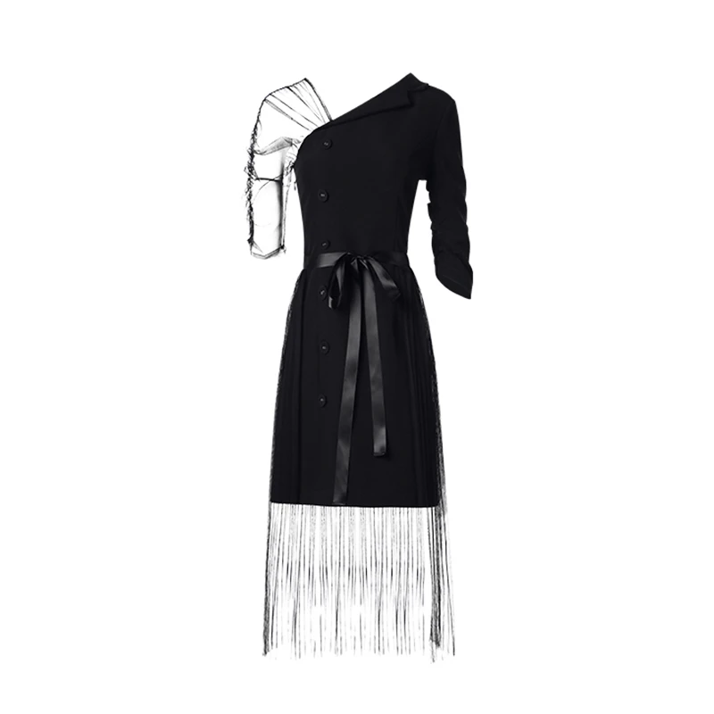 black TWOTWINSTYLE лоскутное Сетчатое платье для женщин асимметричный воротник с высокой талией кружевные платья женские летние негабаритные модные - Цвет: black