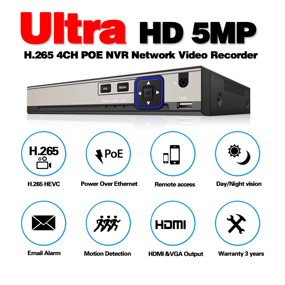 Сетевой видеорегистратор 4 канала/8 каналов H.265 48 В PoE канала * 5 Мп/8 МП сетевой P2P ONVIF