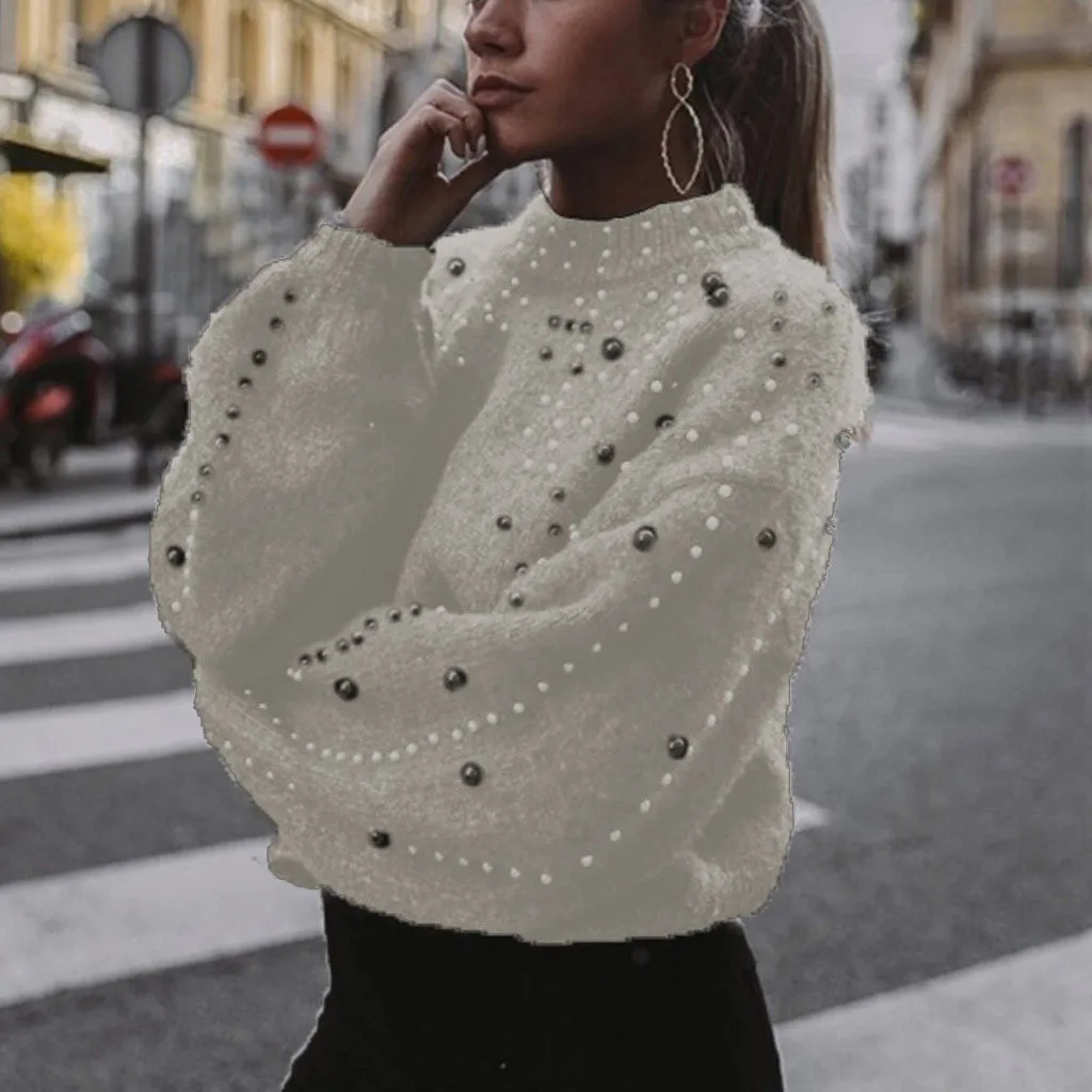 

Autumn/Winter Niche Knitted Pullover Casual Loose Pearl Bubble Long Sleeve Half-high Collar O-neck Jacket Elegant Beauty Clothes