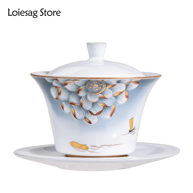 

Loiesag 140ml Ceramic Sancai Gaiwan Chinese Handmade Household Tea Bowl Teacup Azure Lotus Kung Fu Tea Set Covered Bowl