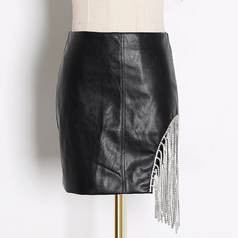 Женская ассиметричная мини-юбка CHICEVER с кристаллами и кисточками высокой талией