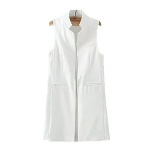 Весенний Блейзер, жилет, пальто, Женский Длинный жилет с воротником-стойкой, черный, белый, темно-синий, с двумя карманами, верхняя одежда, длинный жилет