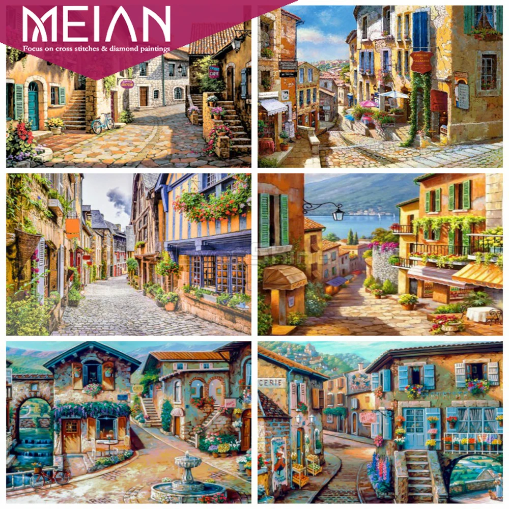 MEIAN Street Алмазная картина полная дрель круглая вышивка Пейзаж Вышивка крестом