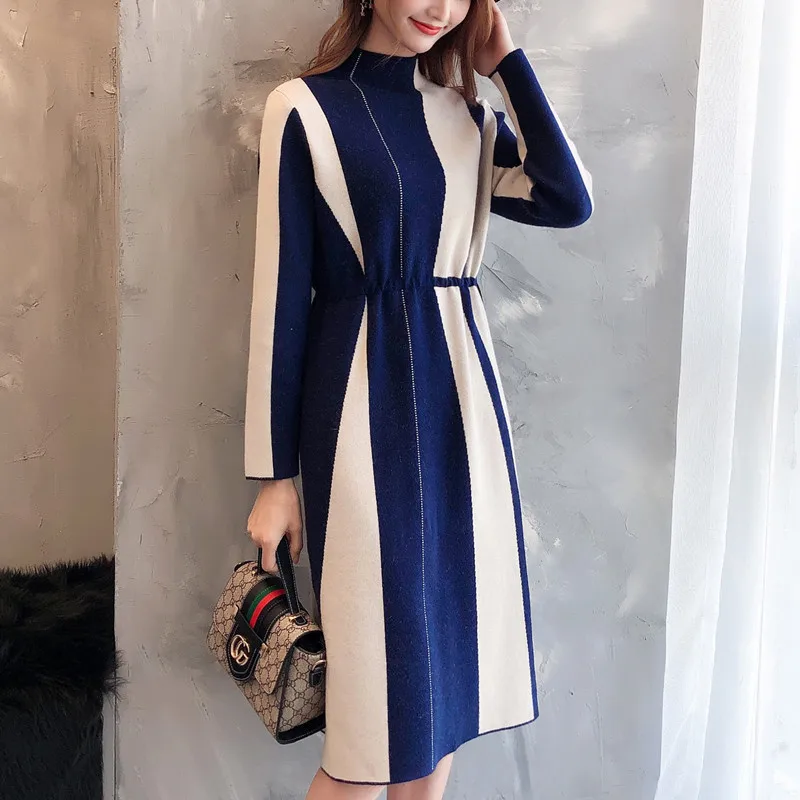Корейский стиль контрастный миди черный свитер платье женское вечернее