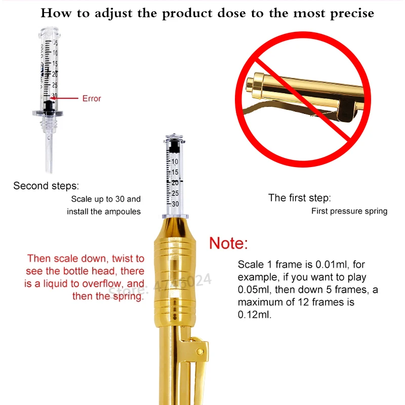 0.3ml Golden Painless Hyaluronic Pen Hyaluron Acid Injection Stainless High Pressure Atomizer for Lip Filling and Facial Lifting