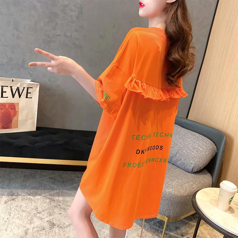 #0664 оранжевые синие длинные футболки женские на лето повседневные с коротким