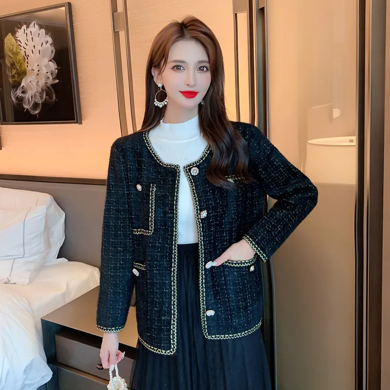 

2021 Autumn Small Fragrant Knit Cardigan Imitation Mink Velvet Loose Single Breasted Bright Silk Plaid Jacket Women Tweed Coat