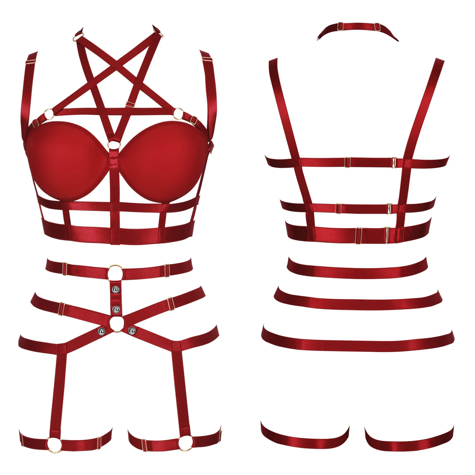 Винно-красный женский комплект нижнего белья с пентаграммой бондаж ягодицы