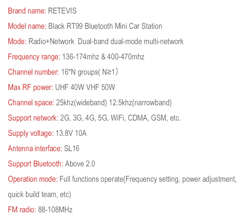 RETEVIS RT99 4G Bluetooth-compatible Mobile Radio UHF VHF Car Walkie Talkie 50W Full-featured APP Operate GPS Realtime Position