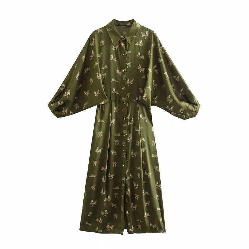 

Women Vintage Tiger Print Loose Sleeve Za Green Long Dress Female Casual Single Breasted High Waist Shirt Dresses Chic