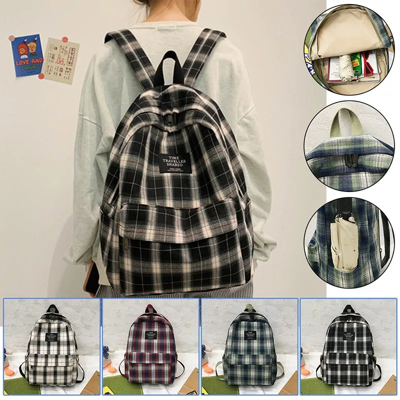 

Students Backpack Women's Plaid Pattern School Bag Canvas Softback Campus Style Rucksack Travel Bagpack Female Backpacks Ladies