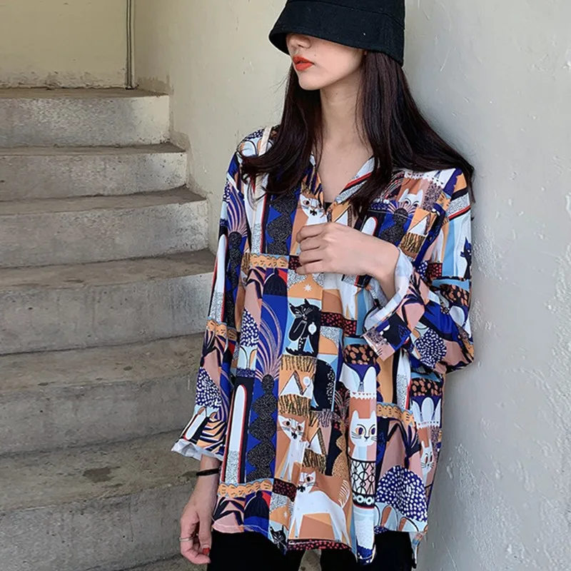 Женская свободная рубашка с длинным рукавом розовая в стиле Харадзюку милым