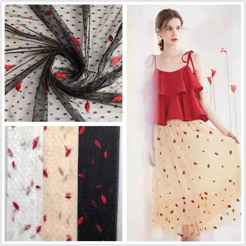 Красный/белый/черный/золотой ручной работы бисером на Сетчатое вышитое кружево