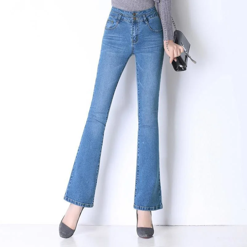 Fashion Button Casual High Waist Bell Bottom Skinny Jeans Women Slim Full Length Denim Elastic Flare Pants