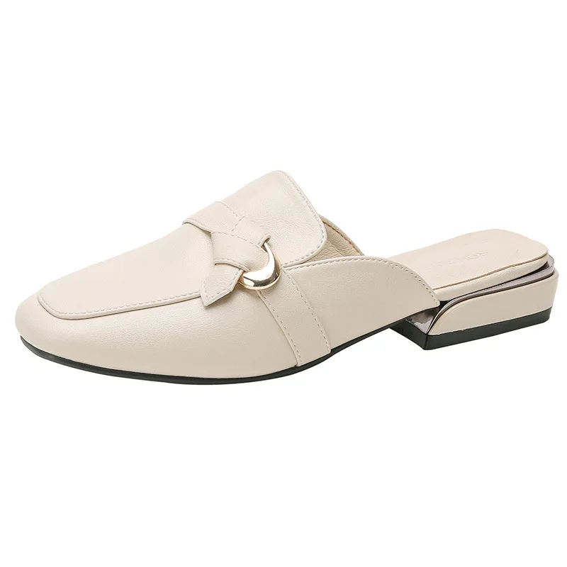 

Flat Shoes Female Cover Toe Square heel Slippers Women Summer Pantofle Slides Big Size Block 2021 PU Rome Bonded Leather Rubber